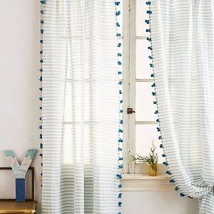 Anthropologie Pom Tassel Curtain Blue/Teal 50"x63"